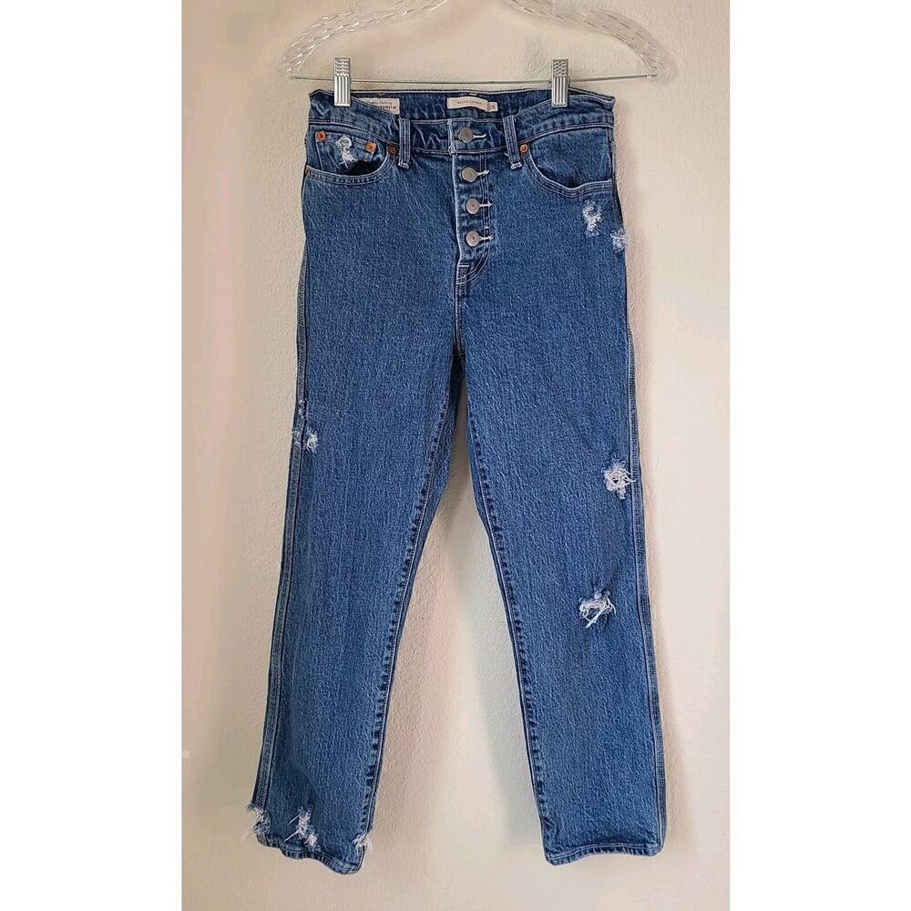 Levi's Wedgie Straight Jeans Sz 26 Button Fly‎ Distressed 90s Retro Boho Logo